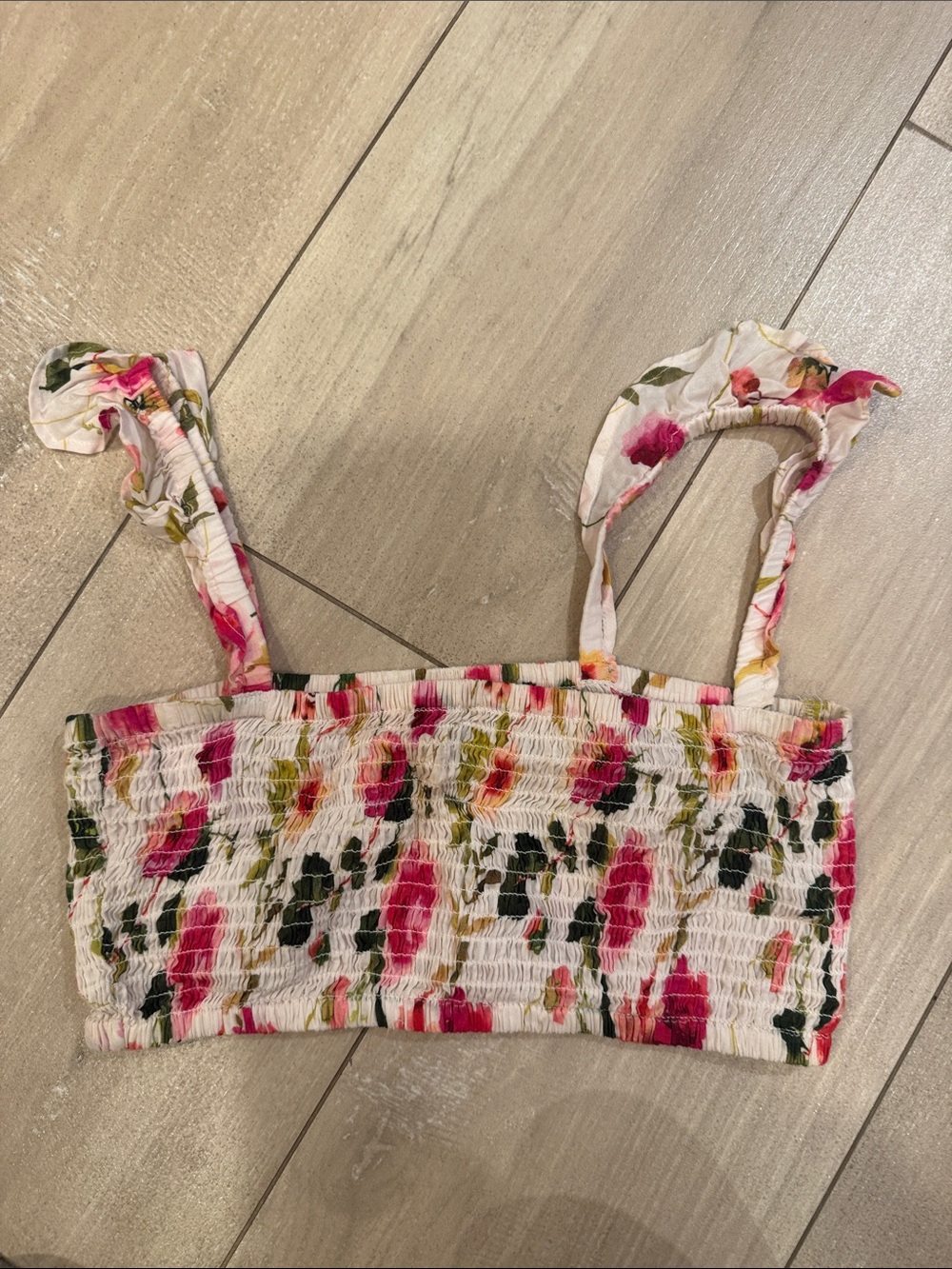 Nanette Lepore White Floral Smocked Crop Top with Pink and Green Accents